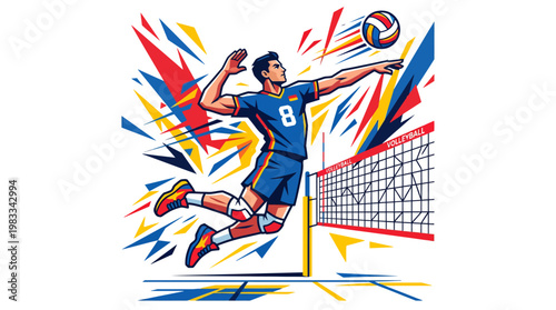 Volleyball player spiking ball over net