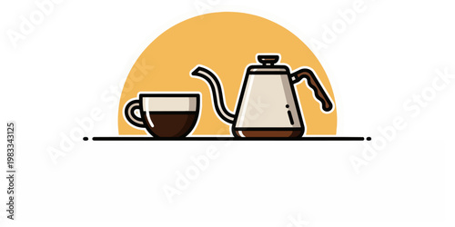 Coffee cup and kettle illustration with overhead sunlight and copy space