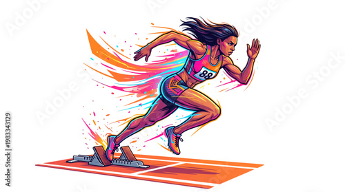 Female athlete sprinting from starting blocks