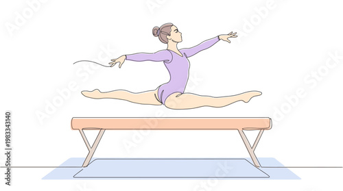 Gymnast doing a split leap on balance beam