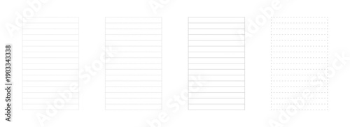 Collection of four blank lined paper sheets isolated on white background. Includes dotted, dashed, and solid ruled lines styles. Minimalist stationery templates for writing, notes, school, education, 