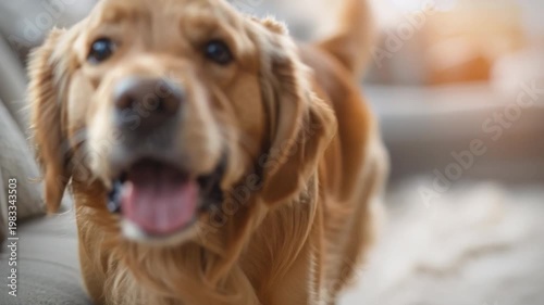 Wallpaper Mural Happy golden retriever with beaming expression excitedly dashes towards its owner, bathed in warm sunlight streaming through living room windows, creating snug inviting atmosphere full joyful energy Torontodigital.ca