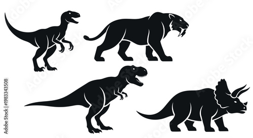 Prehistoric Animal Silhouettes: Dinosaurs and Saber-Toothed Tiger Vector Set