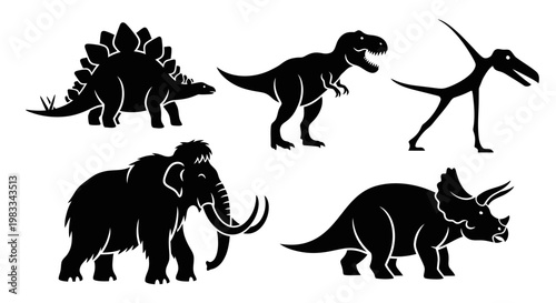 Prehistoric Animal Silhouettes: Dinosaurs, Mammoth, and Pterodactyl Vector Set