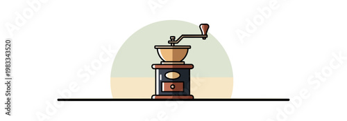 Manual coffee grinder illustration against a soft background in the dark