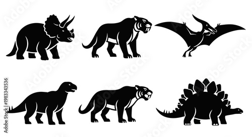 Prehistoric Animal Silhouettes Set: Dinosaurs and Extinct Creatures Vector Icons