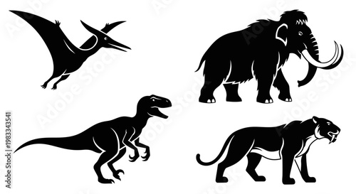 Prehistoric Animal Silhouettes Set: Dinosaur, Mammoth, Pterodactyl, Saber-toothed Tiger Icons