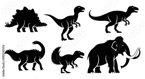 Prehistoric Animal Silhouettes Set: Dinosaurs and Mammoth Vector Icons