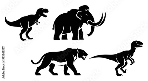 Prehistoric Animal Silhouettes Set: Dinosaurs and Ice Age Mammals