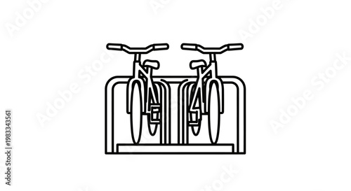 Two bicycles parked in a simple line art holder on a white background