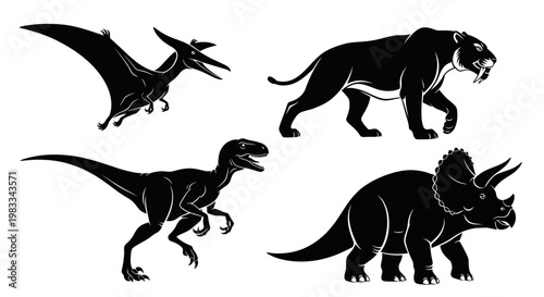Prehistoric Animal Silhouettes Set: Dinosaurs, Saber-toothed Tiger, Pterodactyl Vector Illustration