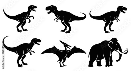 Prehistoric Animal Silhouettes Set: Dinosaurs, Pterodactyl, and Mammoth Icons
