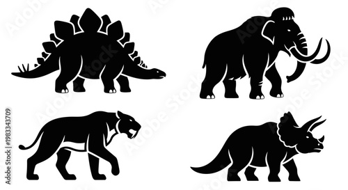 Prehistoric Animals Silhouettes Set: Dinosaurs and Extinct Mammals Collection