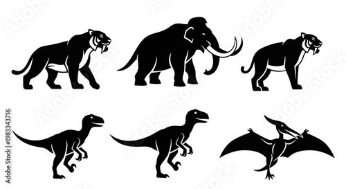 Prehistoric Animals Silhouettes Set - Extinct Creatures Vector Illustration