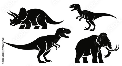Prehistoric Animals Silhouettes Set: Dinosaurs and Mammoth Icons
