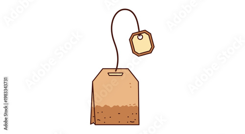 A simple illustration of a tea bag with string and tag on a white background