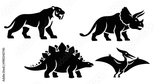 Prehistoric Animals Silhouettes Set: Dinosaurs and Saber-Toothed Tiger Icons