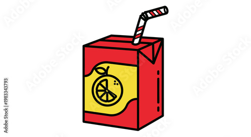 Red carton of juice with a yellow label depicting a slice of citrus and a striped straw