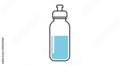 A blue liquid fills half of a transparent bottle with a black outline