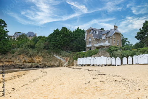 Saint-Briac-sur-Mer in Brittany, beautiful beach with bathing huts
