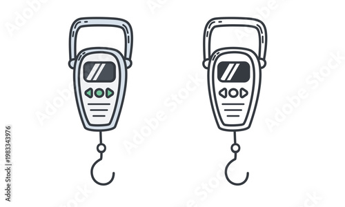 Handheld electronic fishing and travel scale, hand drawn doodle style, isolated vector icon set.