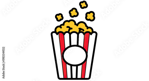 Red and white striped popcorn container overflowing with golden kernels