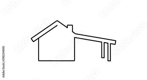Stylized house icon with extended roofline supported by legs