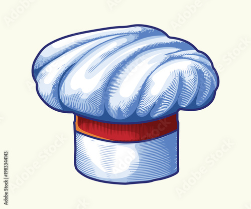 Artistic blue tinted chef hat with red and white striped base isolated vector illustration.