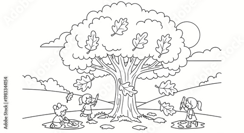 children painting under tree outdoors for kids activity and education