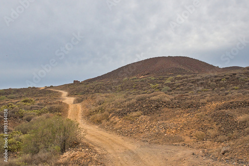 Schilderij op canvas Hiking trail through shrubland towards a mountain in southern Tenerife, Canary i