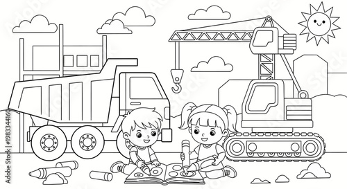 children playing with construction vehicles and coloring book outdoors in sunny day for kids education