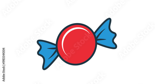 A solitary red candy, wrapped in bright blue paper, rests on a white background