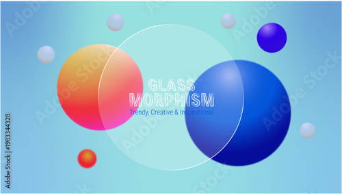 Vibrant glass morphism design with colorful spheres on gradient background