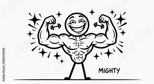Happy Muscular Stick Figure Character Flexing Muscles and Lifting Dumbbells