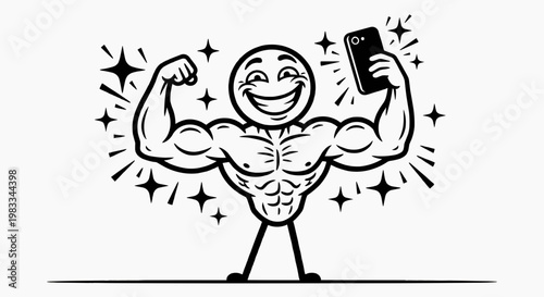Muscular Stick Figure Character Taking Selfie and Flexing Biceps Illustration