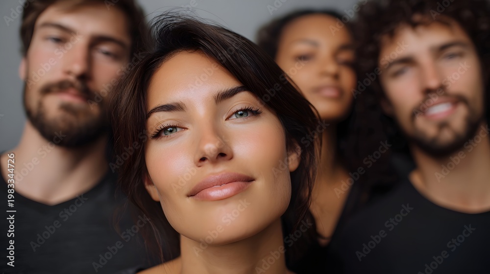 Obraz premium Confident team portrait featuring a central woman and two men in a professional softly lit studio setting