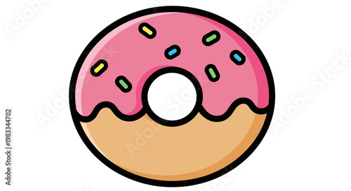 A simple pink frosted donut with colorful sprinkles and a hole