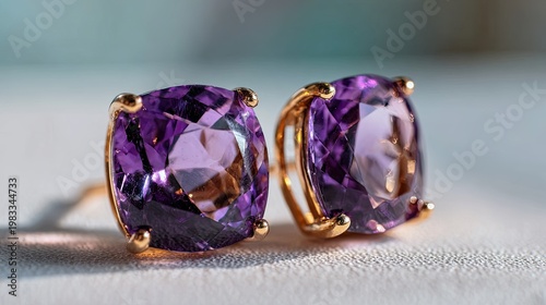 Amethyst stud earrings on a light background. Close-up.