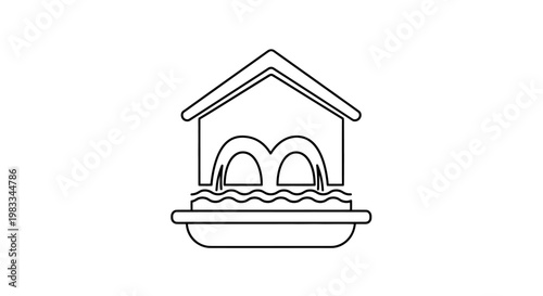 Black outline of a house with two archways with water flowing out, on a white background