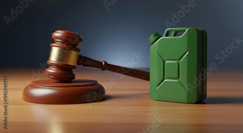 3D isometric rendering of a wooden judge gavel next to a green fuel jerrycan on a wooden table. Concept for energy legislation, government price caps, fuel taxes, and gasoline market regulations.
