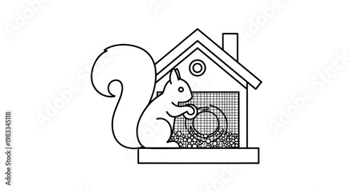 Black and white illustration of a squirrel interacting with a house-shaped feeder