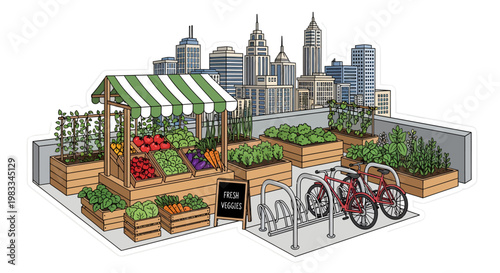 Urban rooftop garden with bicycle parking and city skyline