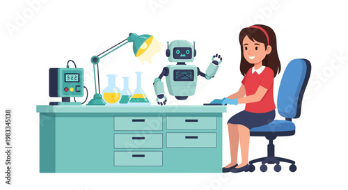 Girl working with robot in laboratory setting, futuristic technology