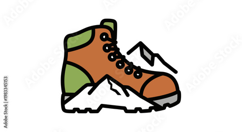 Brown hiking boot with green accents stands on snowy peaks