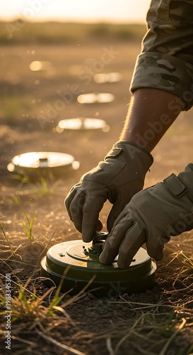 Close-up of a Soldier Setting Up Landmines in a Field.