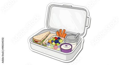 Colorful lunchbox with sandwich, snacks and yogurt