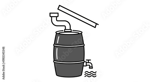 A barrel with a downspout and spigot, collecting water