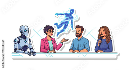 Robot and diverse people in meeting or discussion with futuristic element