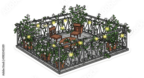 3D illustration of a cozy balcony garden with flowers and furniture