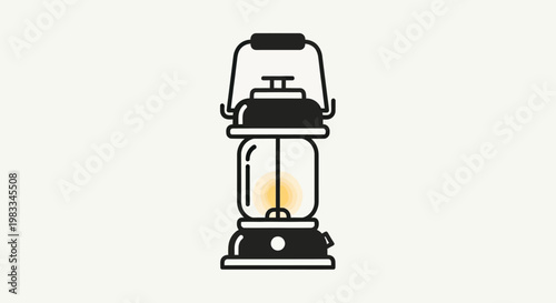 Black camping lantern with a warm glow inside, against a light background